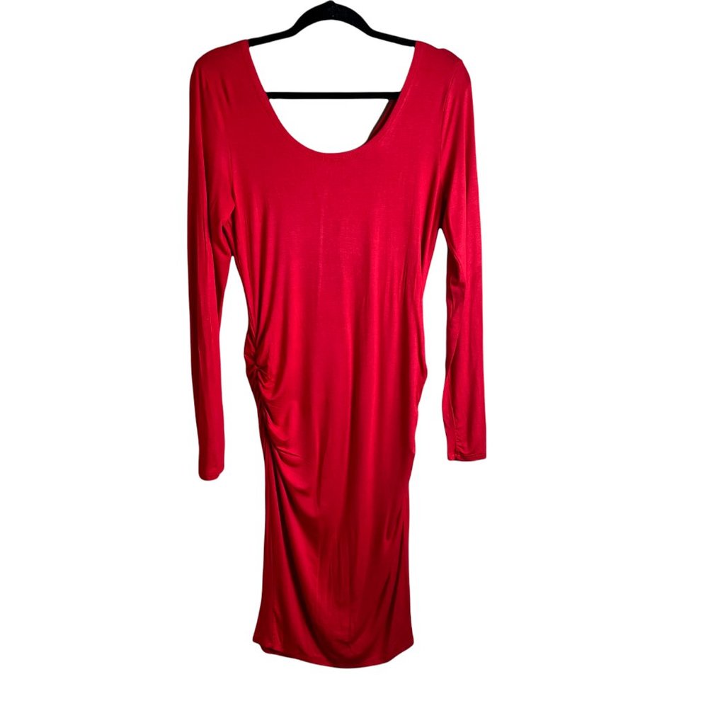 Thanth Womens Red Solid Long Sleeves V Neck Ruched Sheath Dress Size Large - Picture 2 of 5